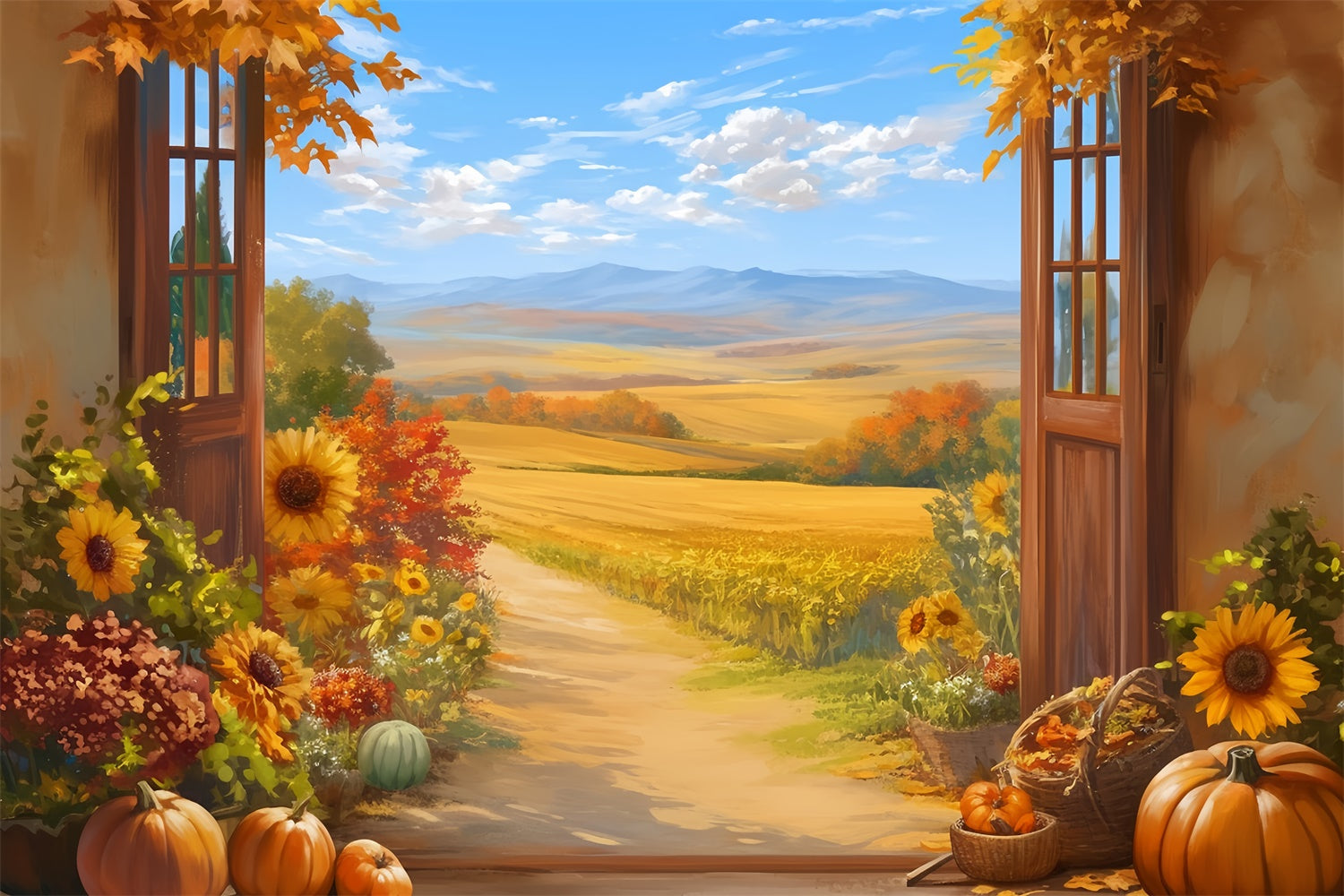 Toile de fond Déco Automne Porche Citrouilles Sentier Campagne MRR7-132