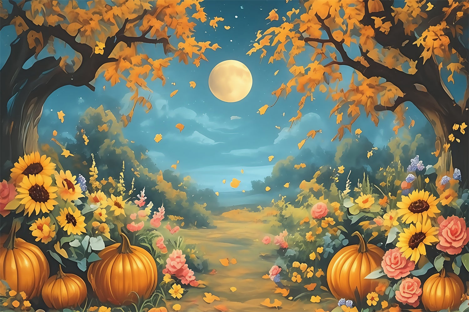 Toile de fond Déco Automne Citrouilles Magiques Clair Lune MRR7-134