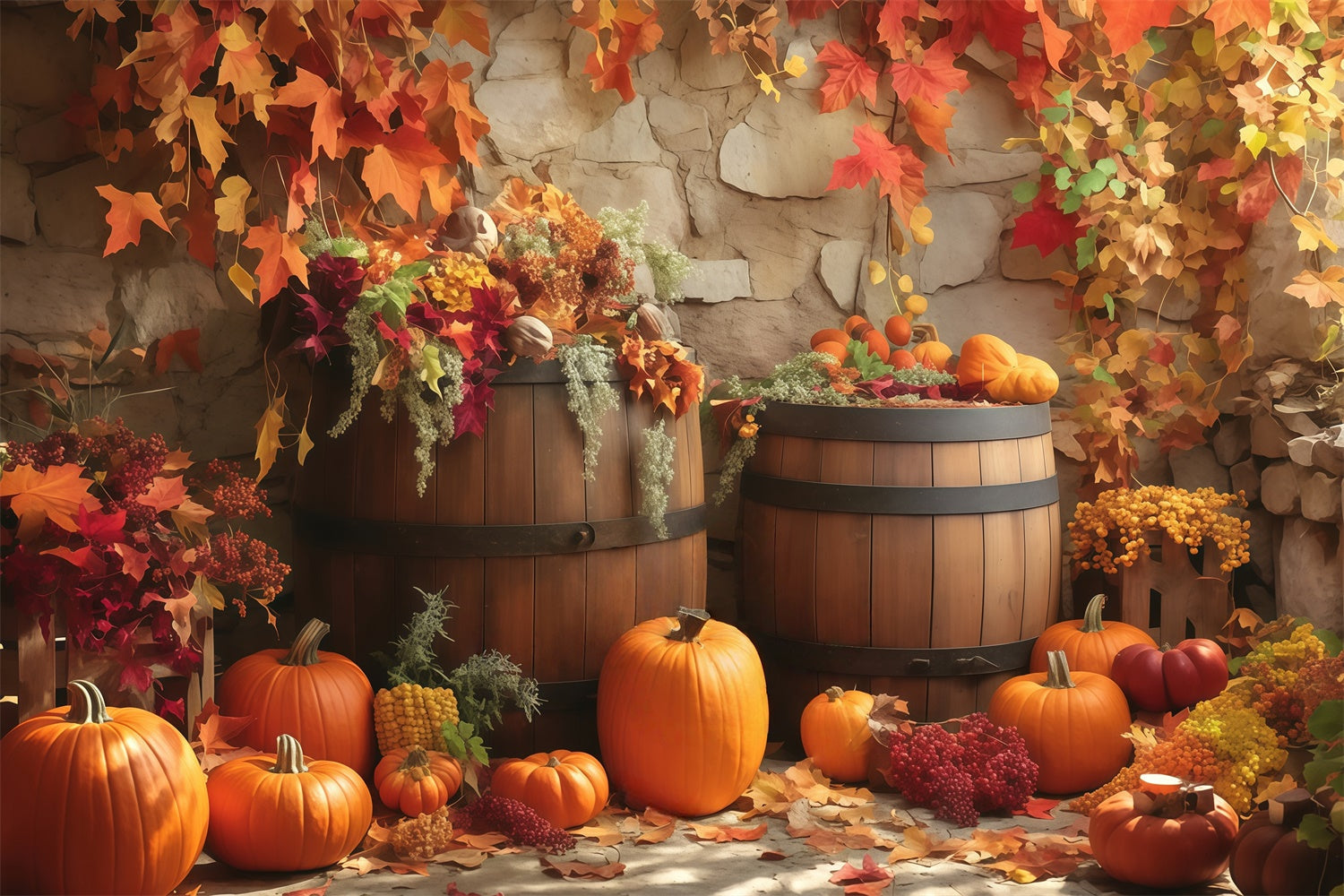 Toile de fond Déco Automne Tonneau Bois Présentation Automne MRR7-135