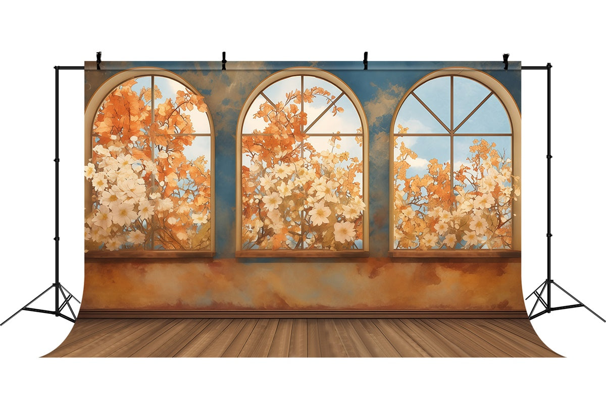 Toile de fond Automne Fenêtre Cintrée Floraison Automnale MRR7-136