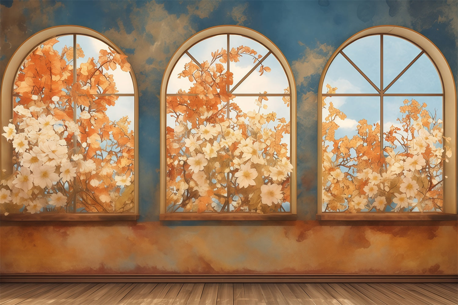 Toile de fond Automne Fenêtre Cintrée Floraison Automnale MRR7-136