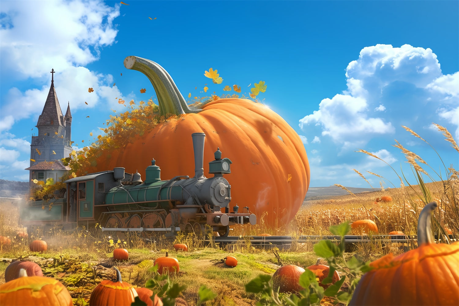 Toile de fond Photo Automne Train Récolte Conte Fée MRR7-138