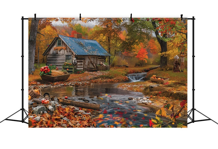 Toile de fond Automne Chalet Ruisseau Forêt MRR7-139