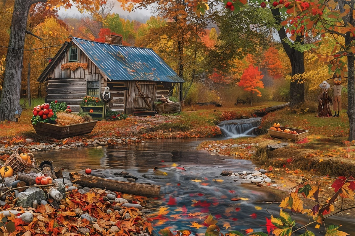 Toile de fond Automne Chalet Ruisseau Forêt MRR7-139