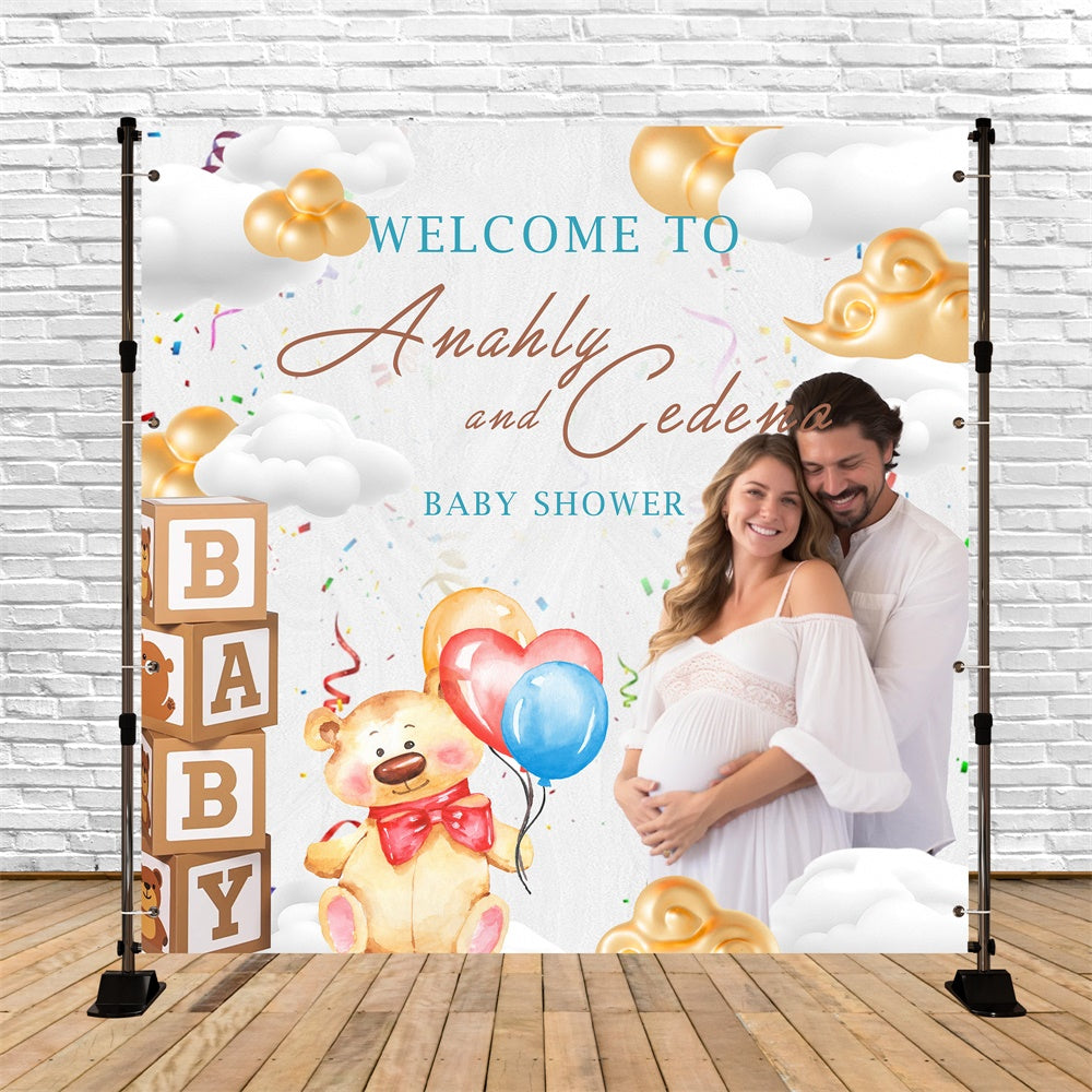 Toile de fond Baby Shower Personnalisable Ourson Ciel Confetti MRR7-15