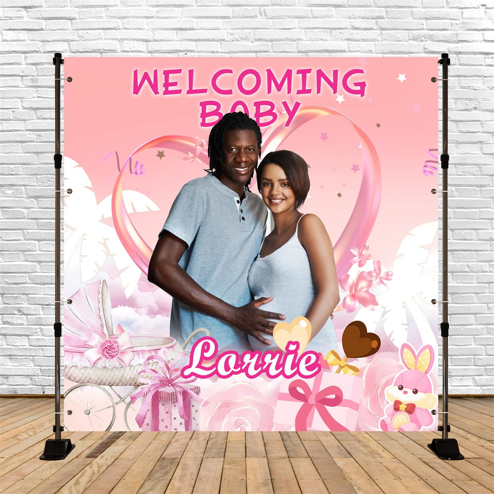 Toile de fond Shower de Bébé Personnalisable Amour Rose Bienvenue MRR7-16