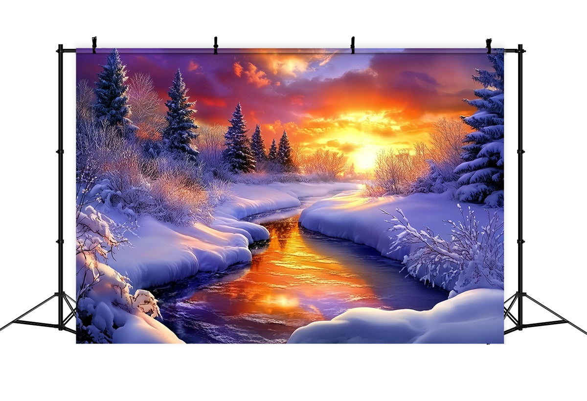 Toile de fond Pays des Merveilles Hiver Ruisseau Couchant MRR7-174