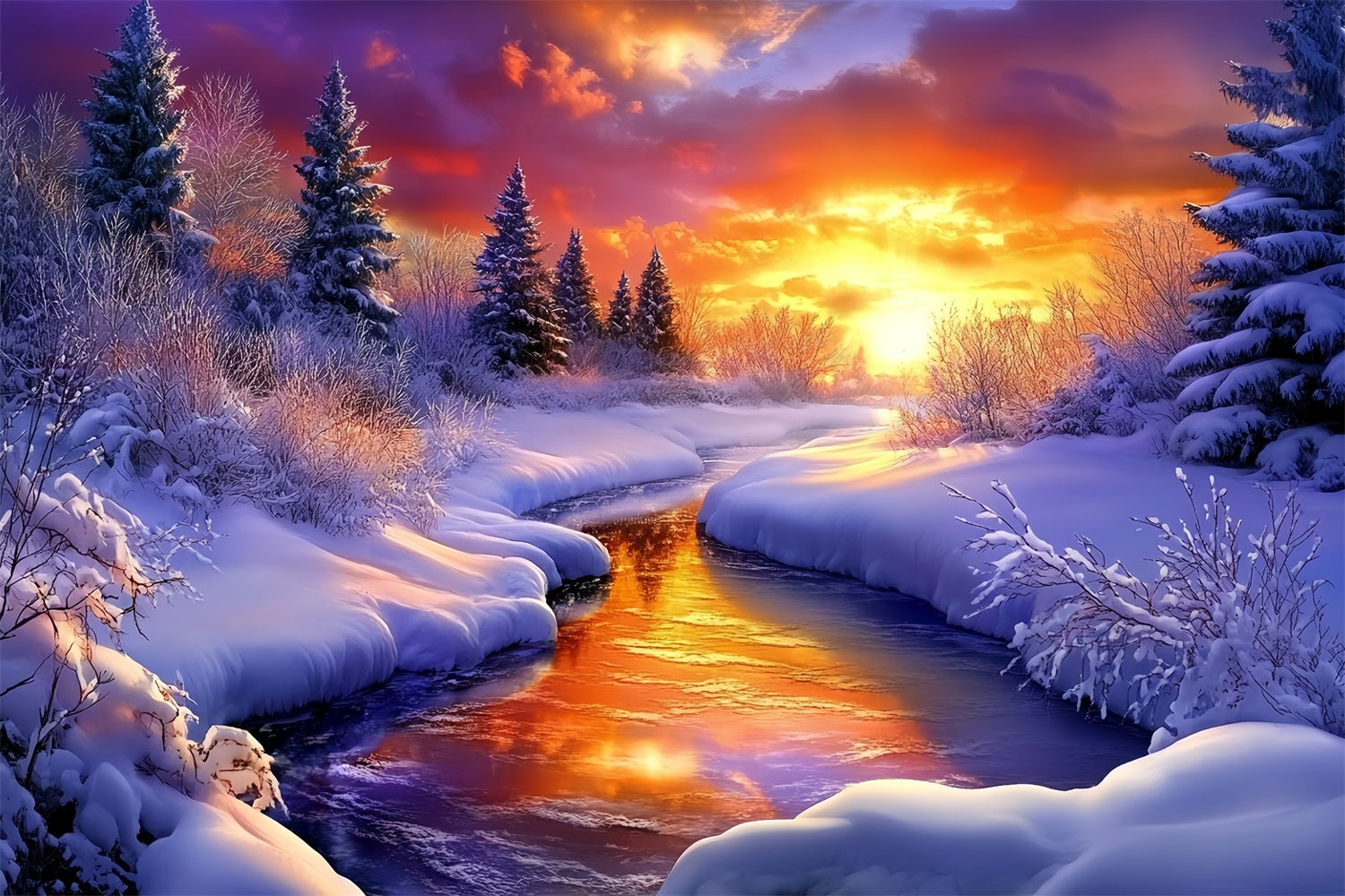 Toile de fond Pays des Merveilles Hiver Ruisseau Couchant MRR7-174
