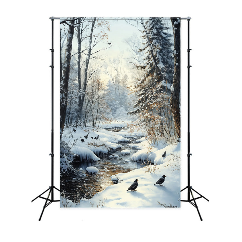 Toile de fond Neige Ruisseau Hiver Forêt Corbeau MRR7-178