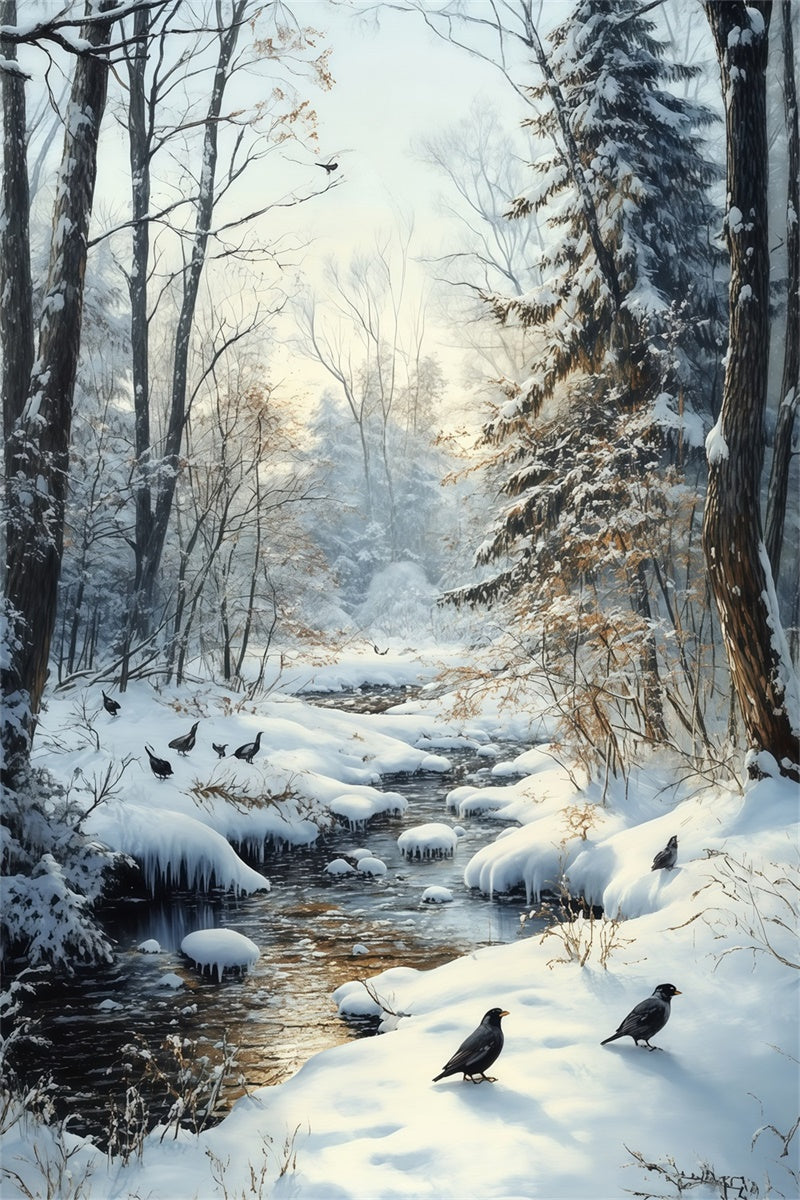 Toile de fond Neige Ruisseau Hiver Forêt Corbeau MRR7-178
