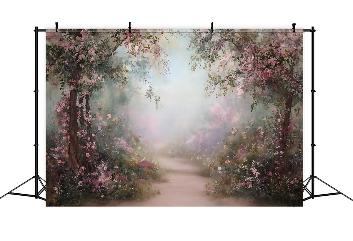 Toile de fond Peinture Sentier Fleurs Roses MRR7-183