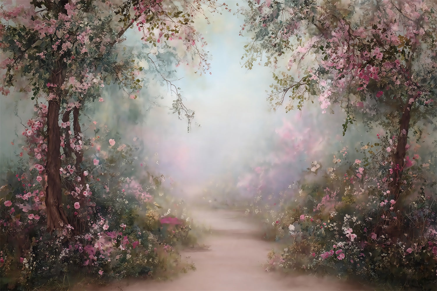 Toile de fond Peinture Sentier Fleurs Roses MRR7-183