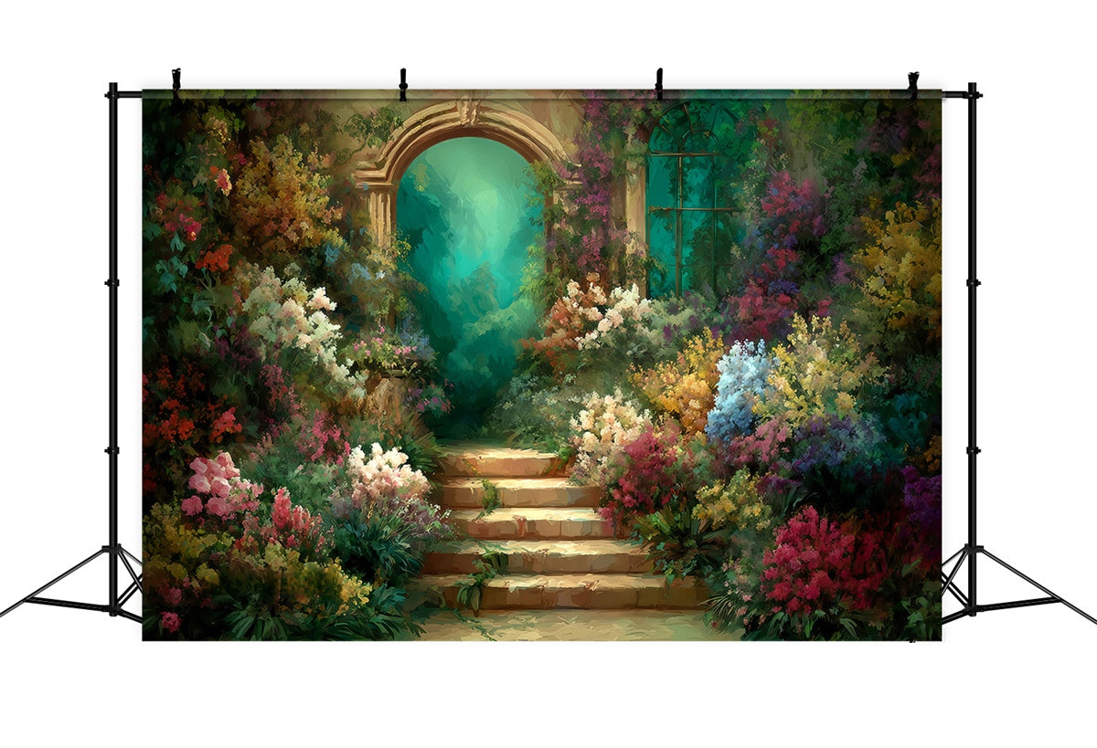 Toile de fond Artistique Cour Cachée Fleurie MRR7-194