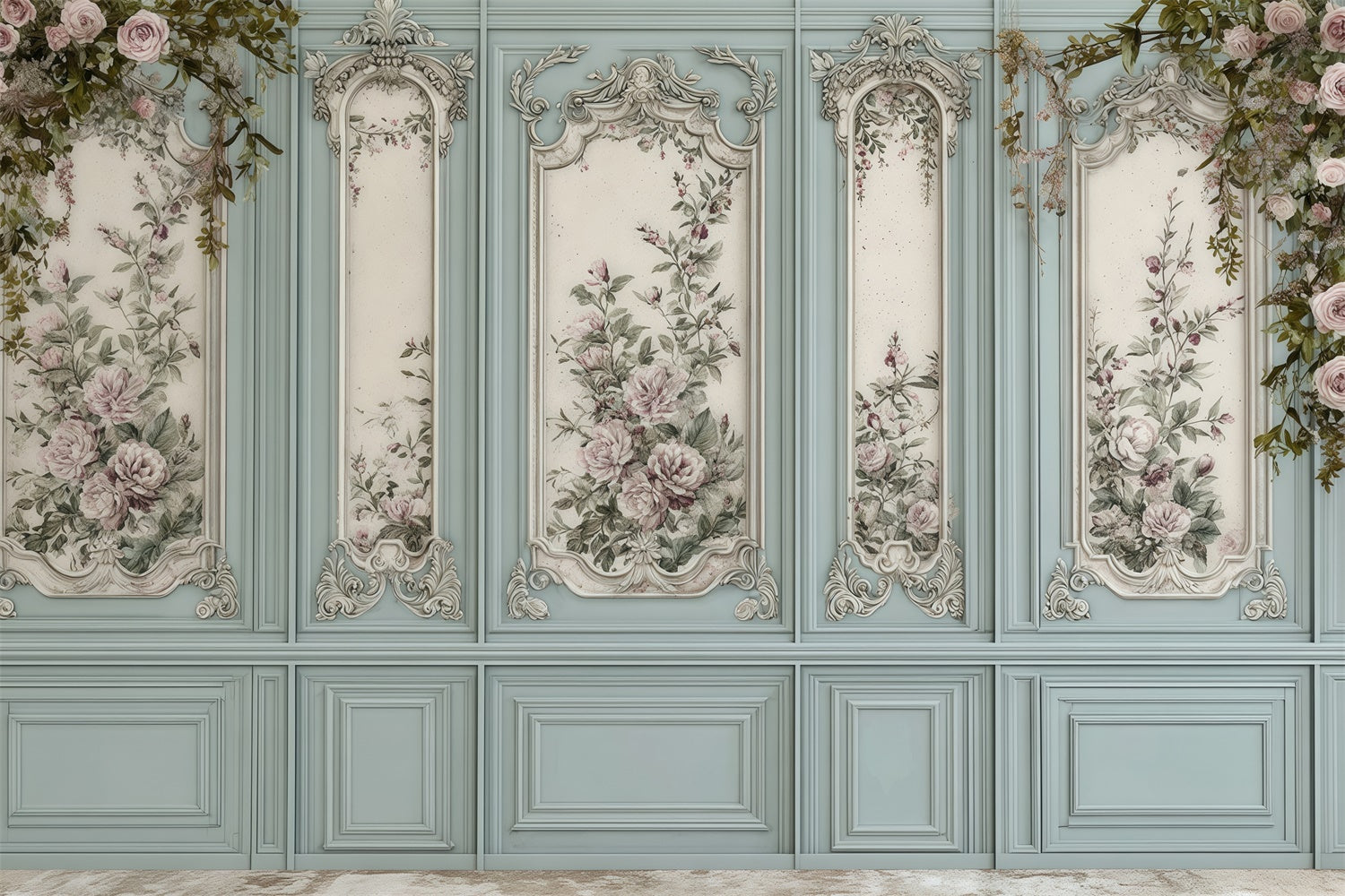 Toile de fond Vintage Mur Fleuri Bleu Baroque MRR7-219