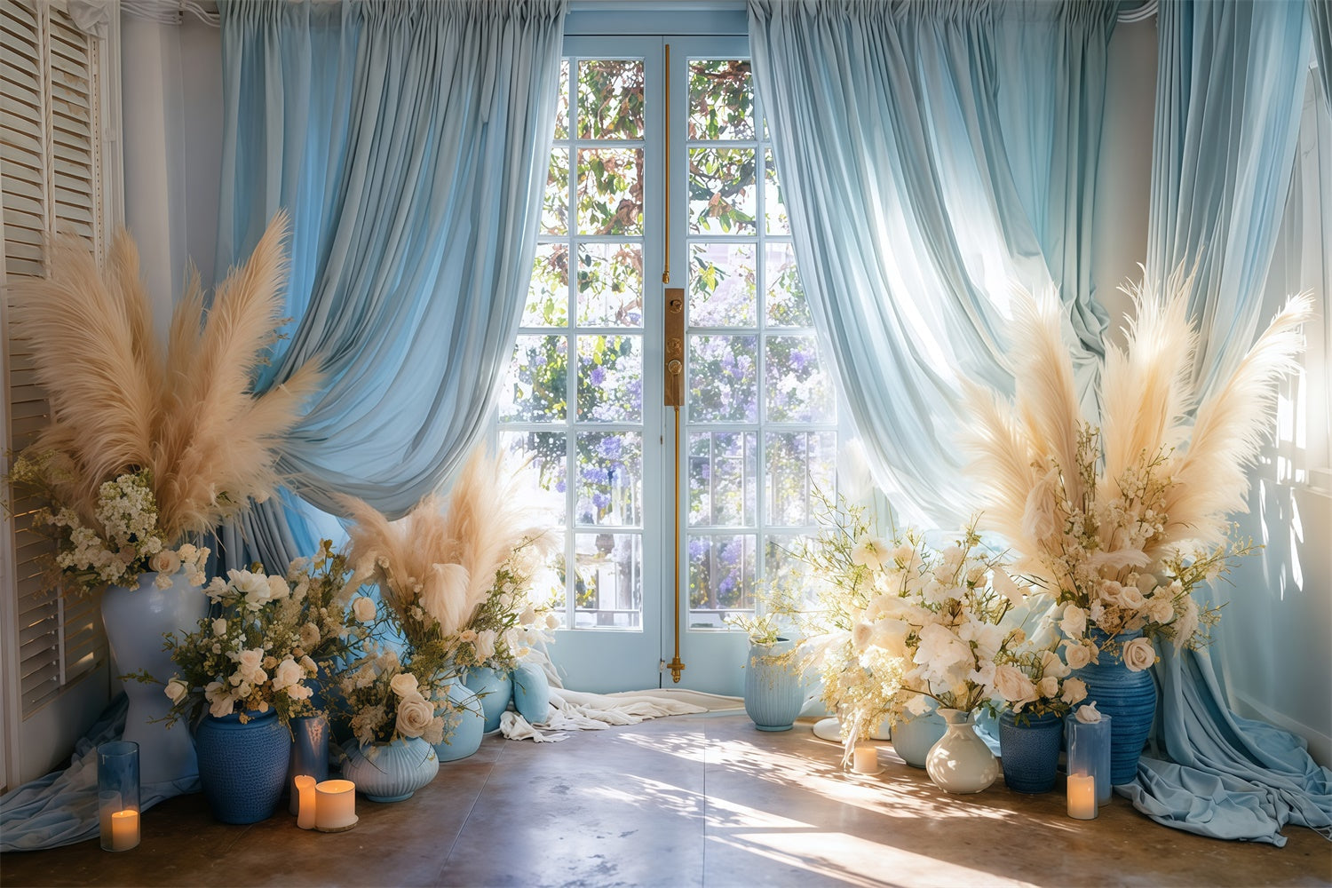 Toile de fond photo bohème Fenêtre Française Florale MRR7-251
