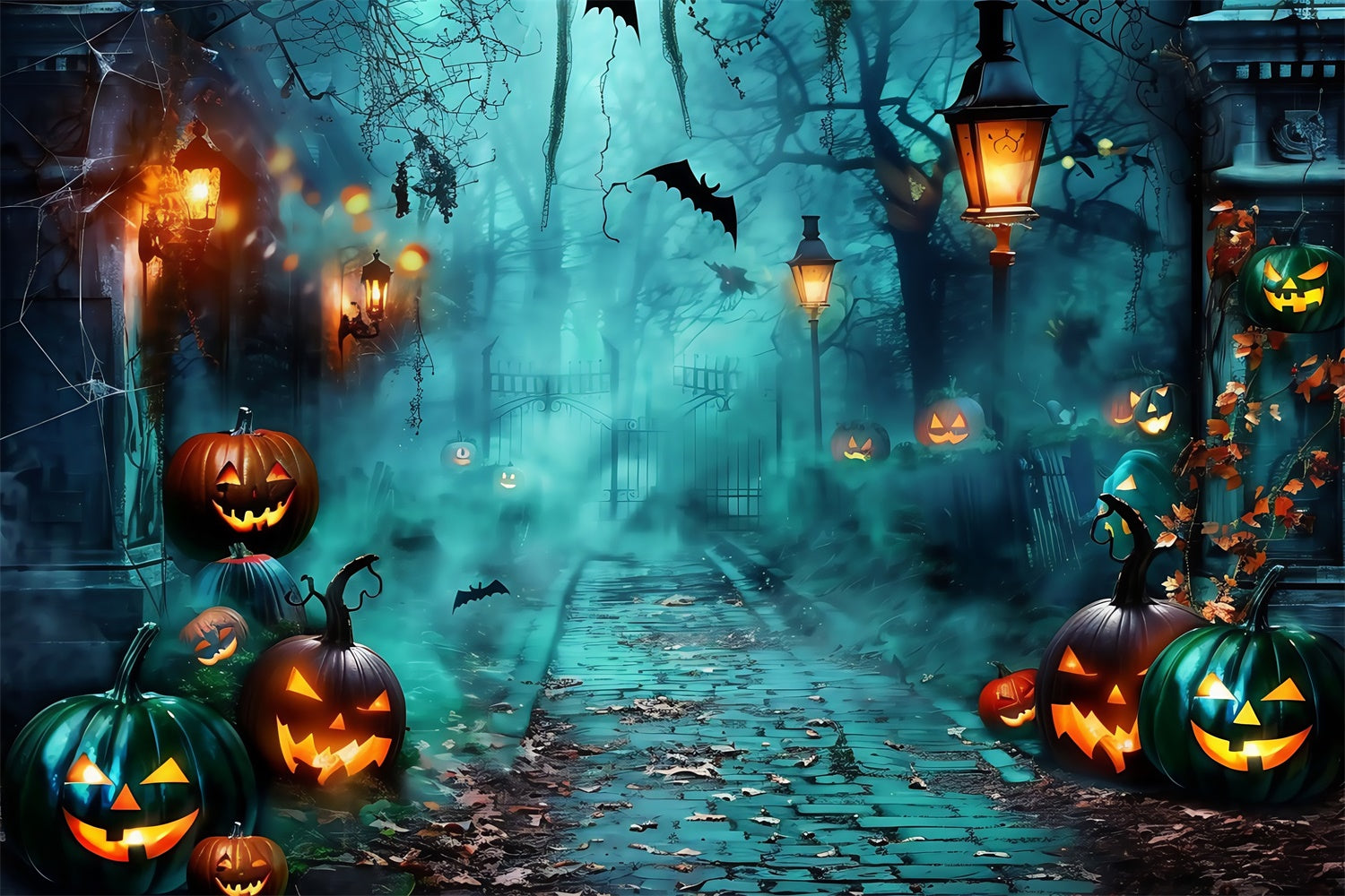Toile de fond Halloween Allée Brumeuse aux Citrouilles MRR7-26