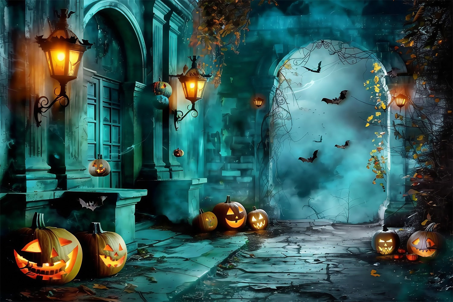 Toile de fond Photo Halloween Entrée Citrouille au Crépuscule MRR7-27