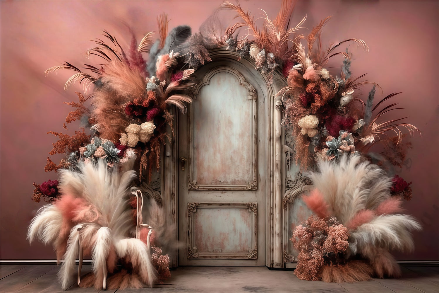 Toile de fond photo bohème Porte Fleurie Plumes MRR7-272