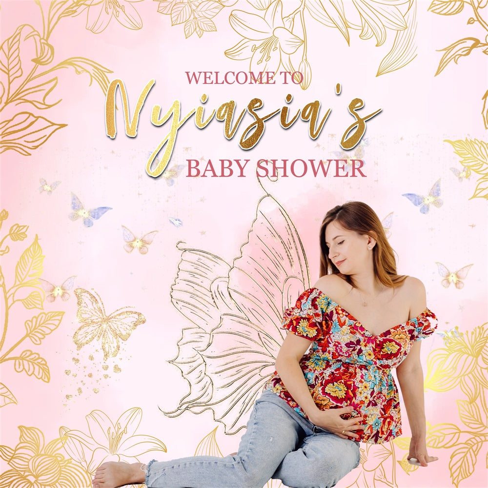 Toile de fond Baby Shower Personnalisable Papillons en Fleurs MRR7-3