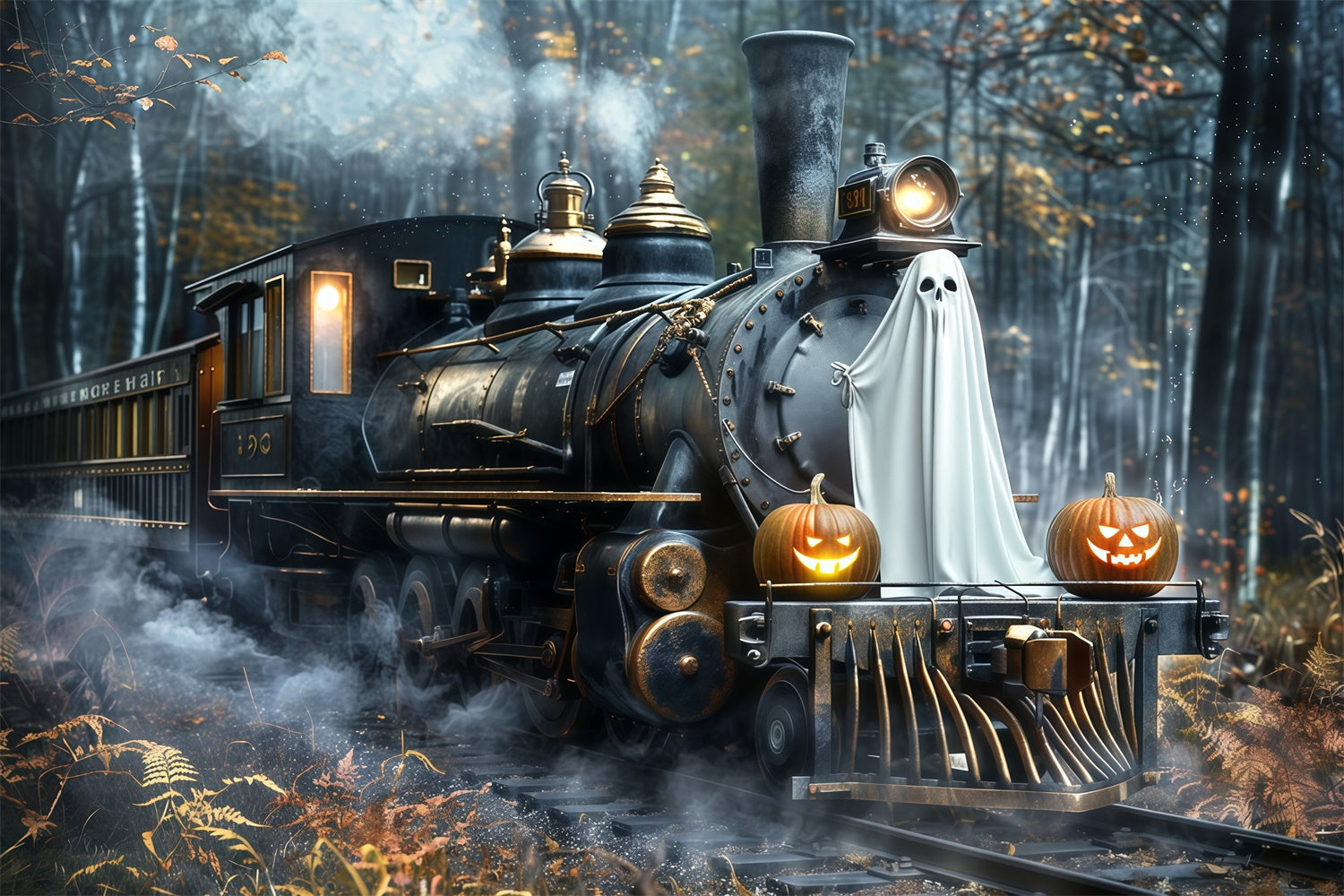 Toile de fond Photo Halloween Forêt Train Citrouille Fantôme MRR7-39
