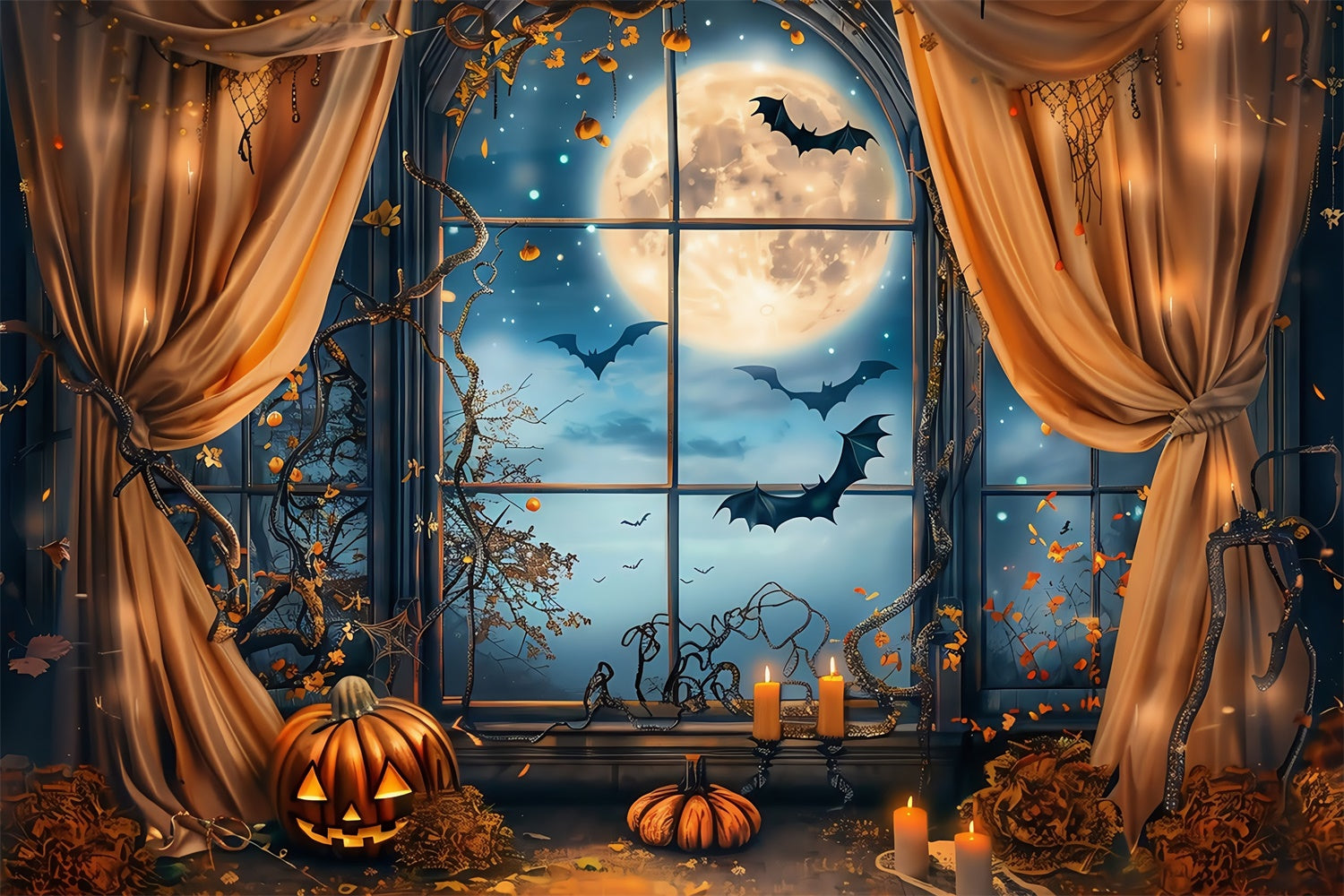 Toile de fond Halloween Fenêtre de Minuit aux Chauves-Souris MRR7-42