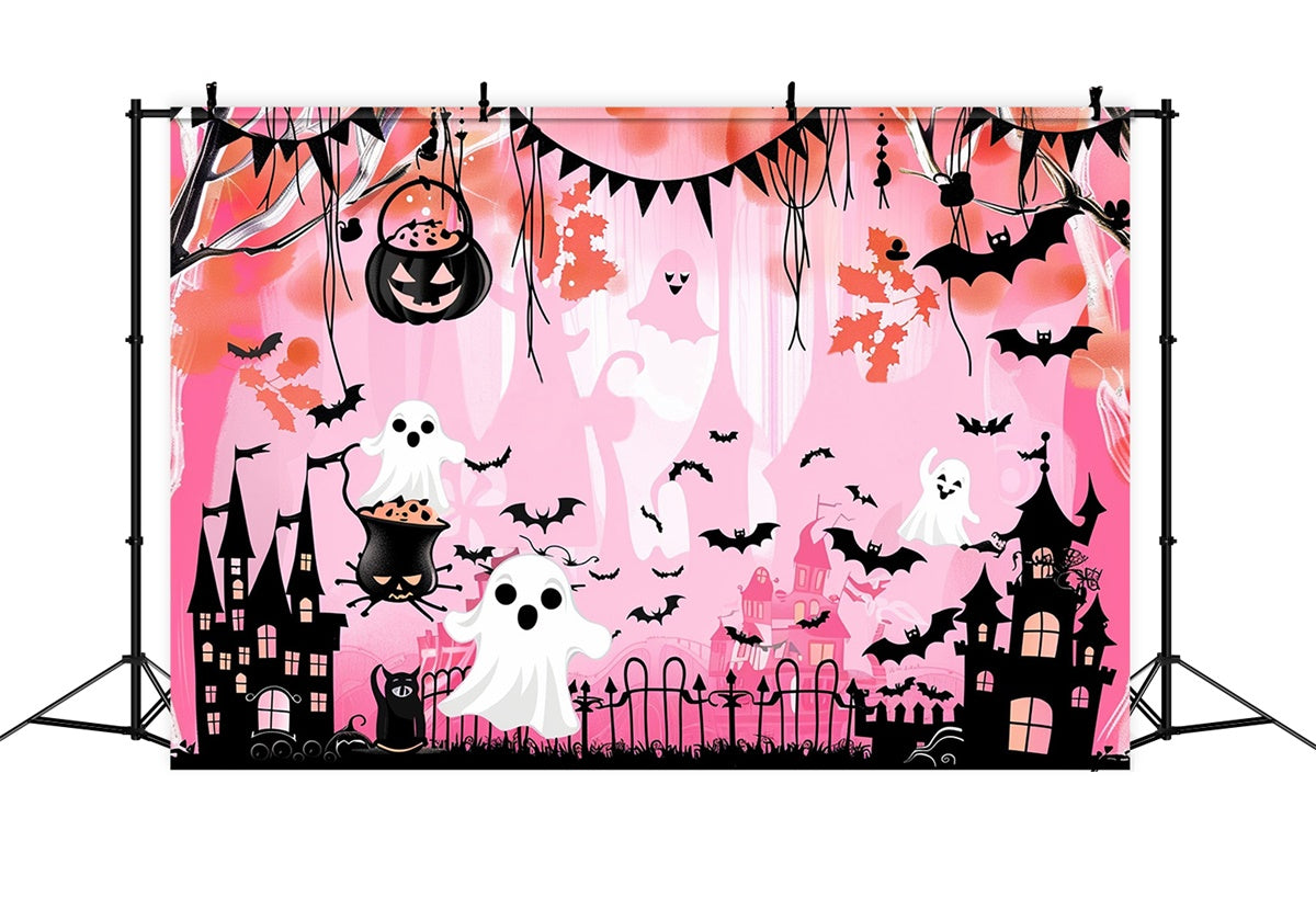 Toile de fond Halloween Château Rose Chauve-Souris Fantôme MRR7-46
