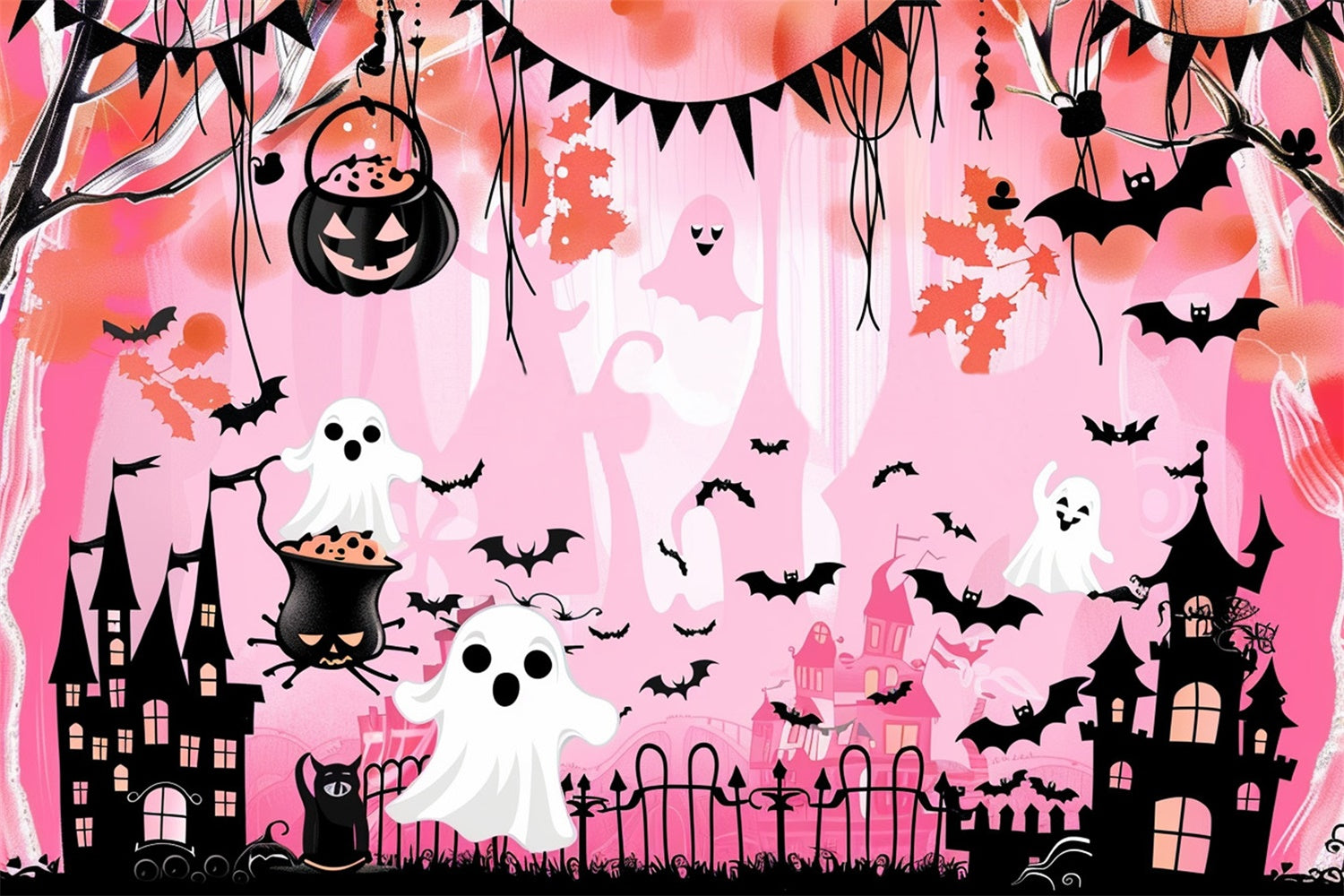 Toile de fond Halloween Château Rose Chauve-Souris Fantôme MRR7-46
