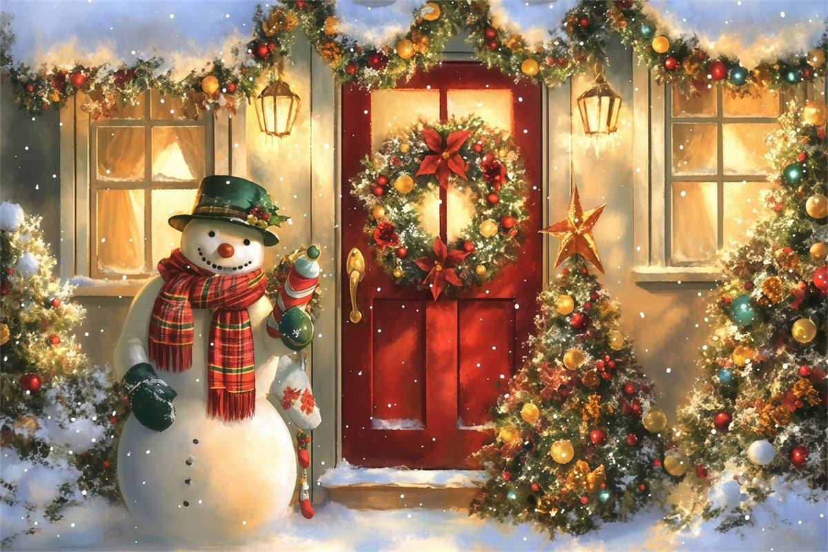 Toile de fond photo Noël Chalet Douillet Bonhomme de Neige MRR7-56