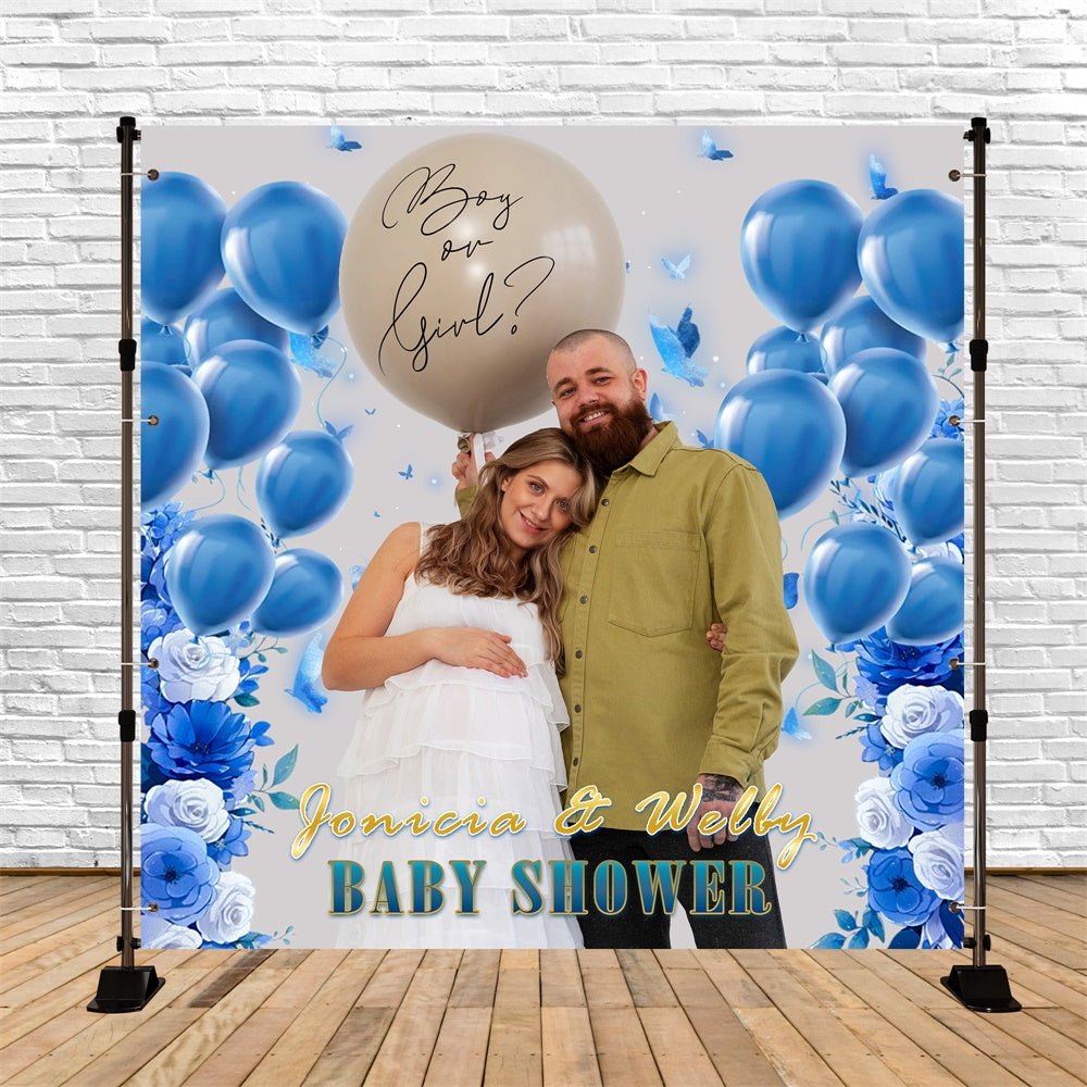 Toile de fond Baby Shower Personnalisable Ballons Bleus en Fleurs MRR7-6