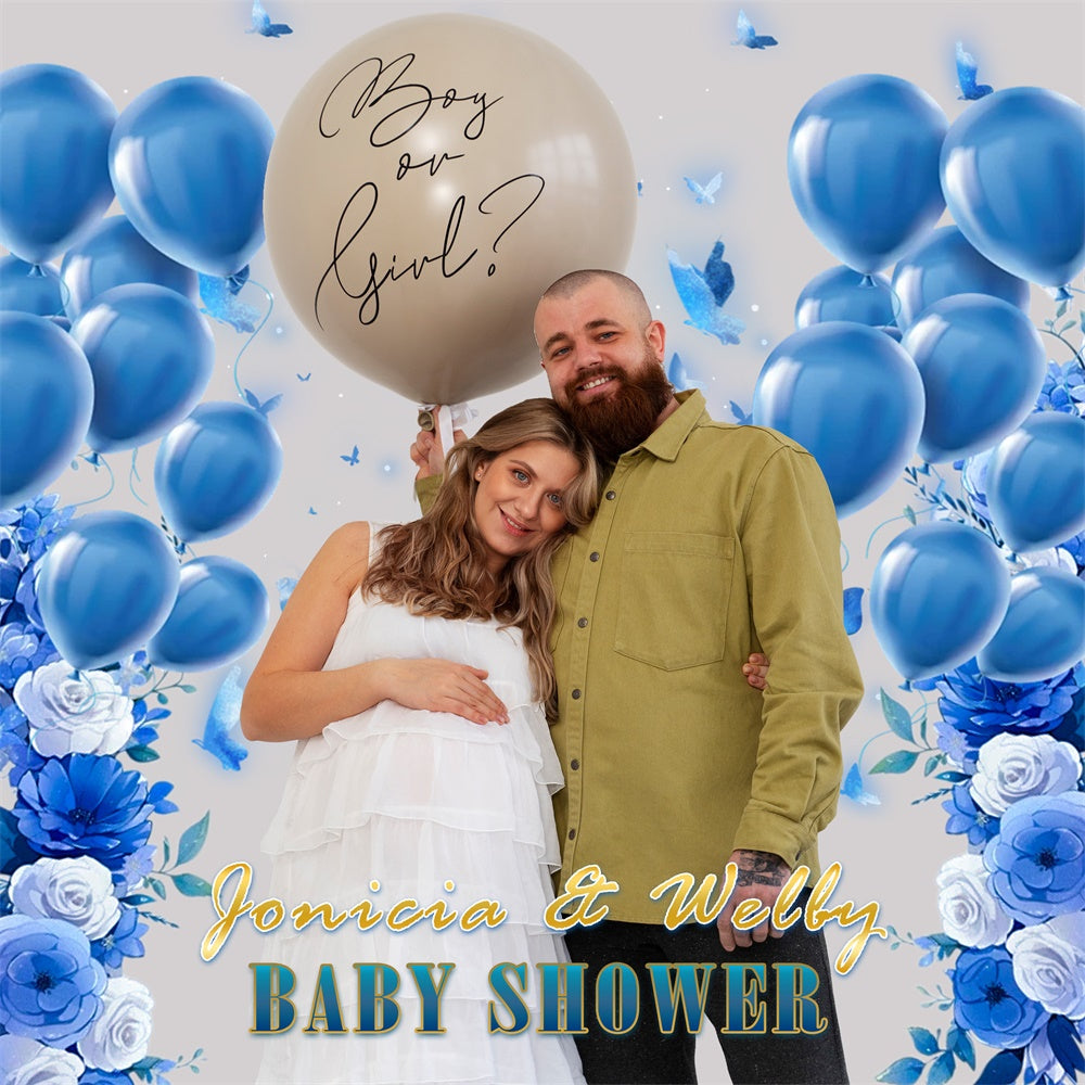 Toile de fond Baby Shower Personnalisable Ballons Bleus en Fleurs MRR7-6