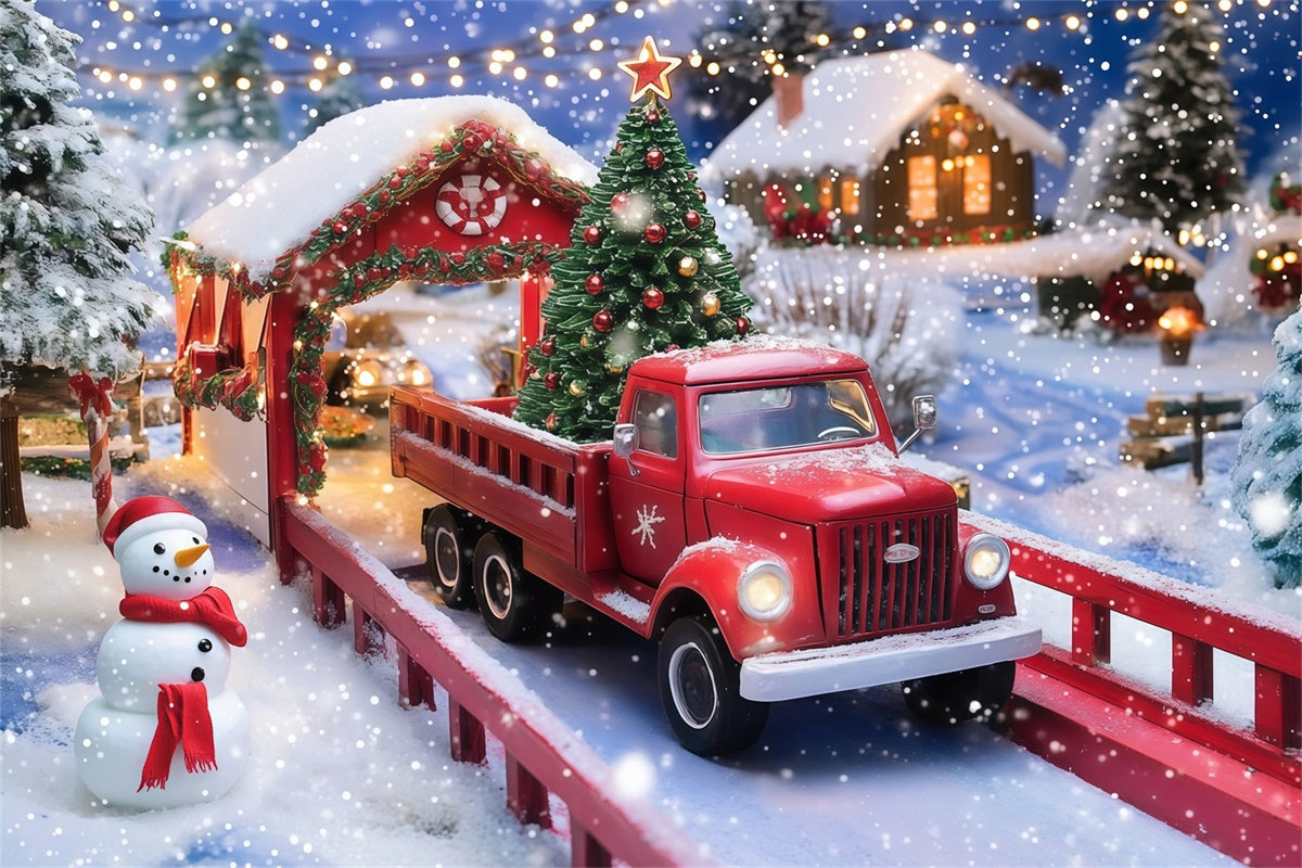 Toile de fond photo Noël Camion et Bonhomme de Neige MRR7-79
