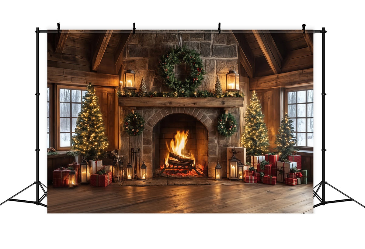 Toile de fond de Noël Cheminée Chalet Rustique MRR7-80