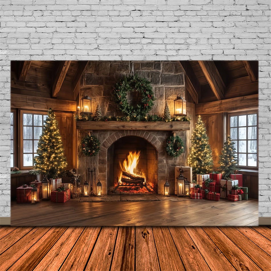 Toile de fond de Noël Cheminée Chalet Rustique MRR7-80