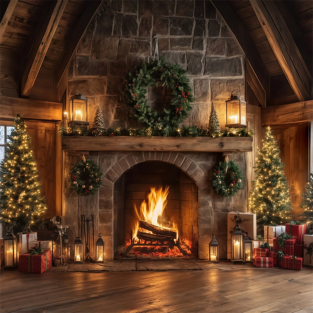 Toile de fond de Noël Cheminée Chalet Rustique MRR7-80