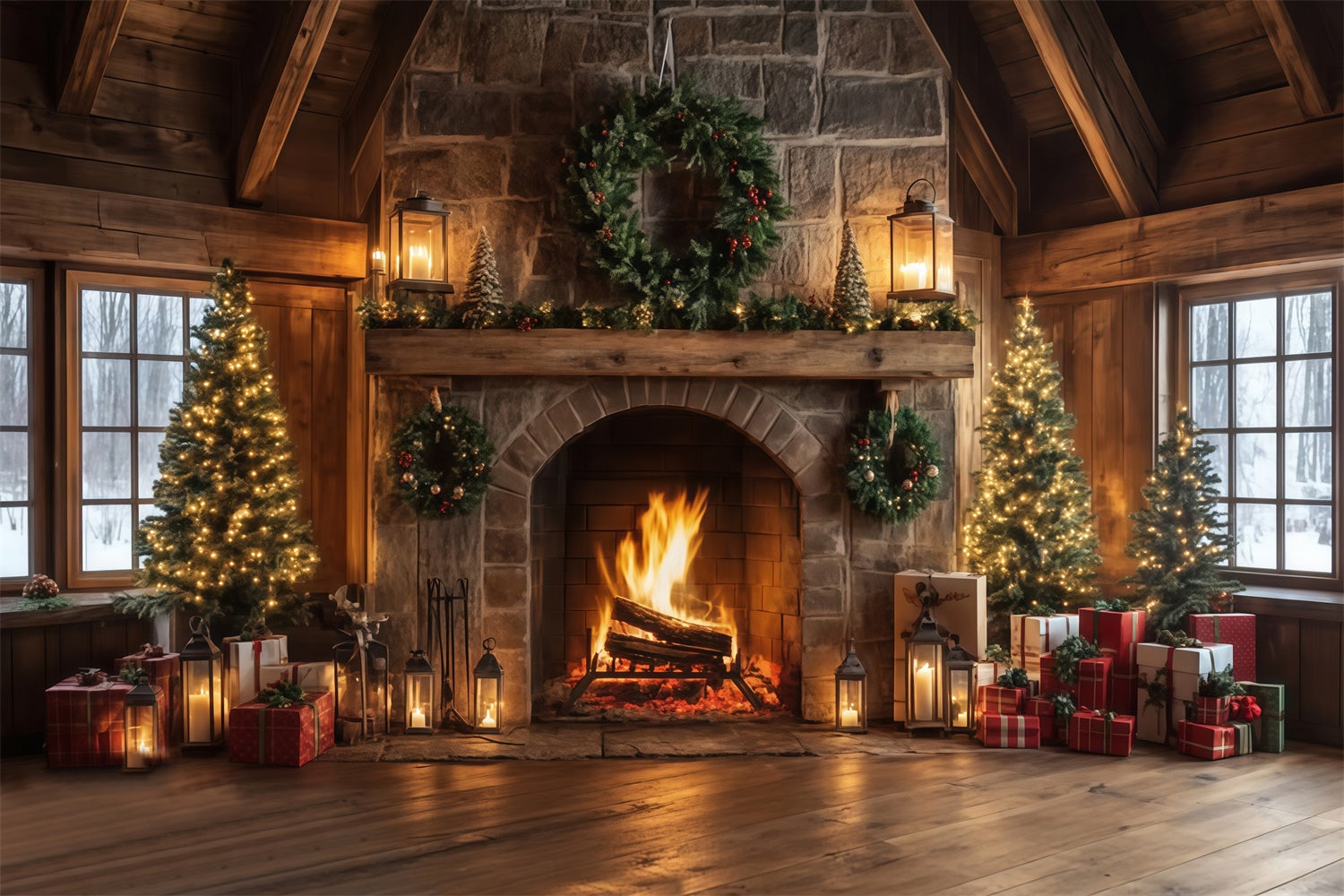 Toile de fond de Noël Cheminée Chalet Rustique MRR7-80