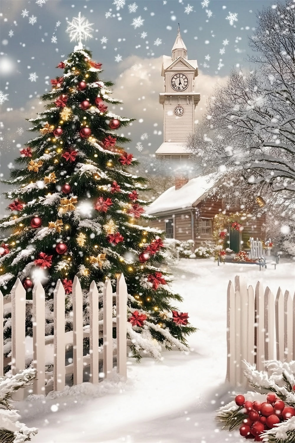 Toile de fond Noël Clôture et Sapins d’Hiver MRR7-88