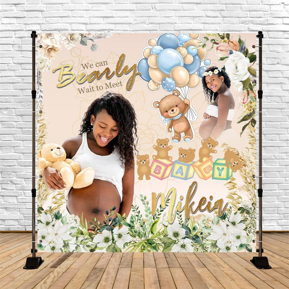 Toile de fond Baby Shower Personnalisable Ourson Floral et Joie MRR7-9