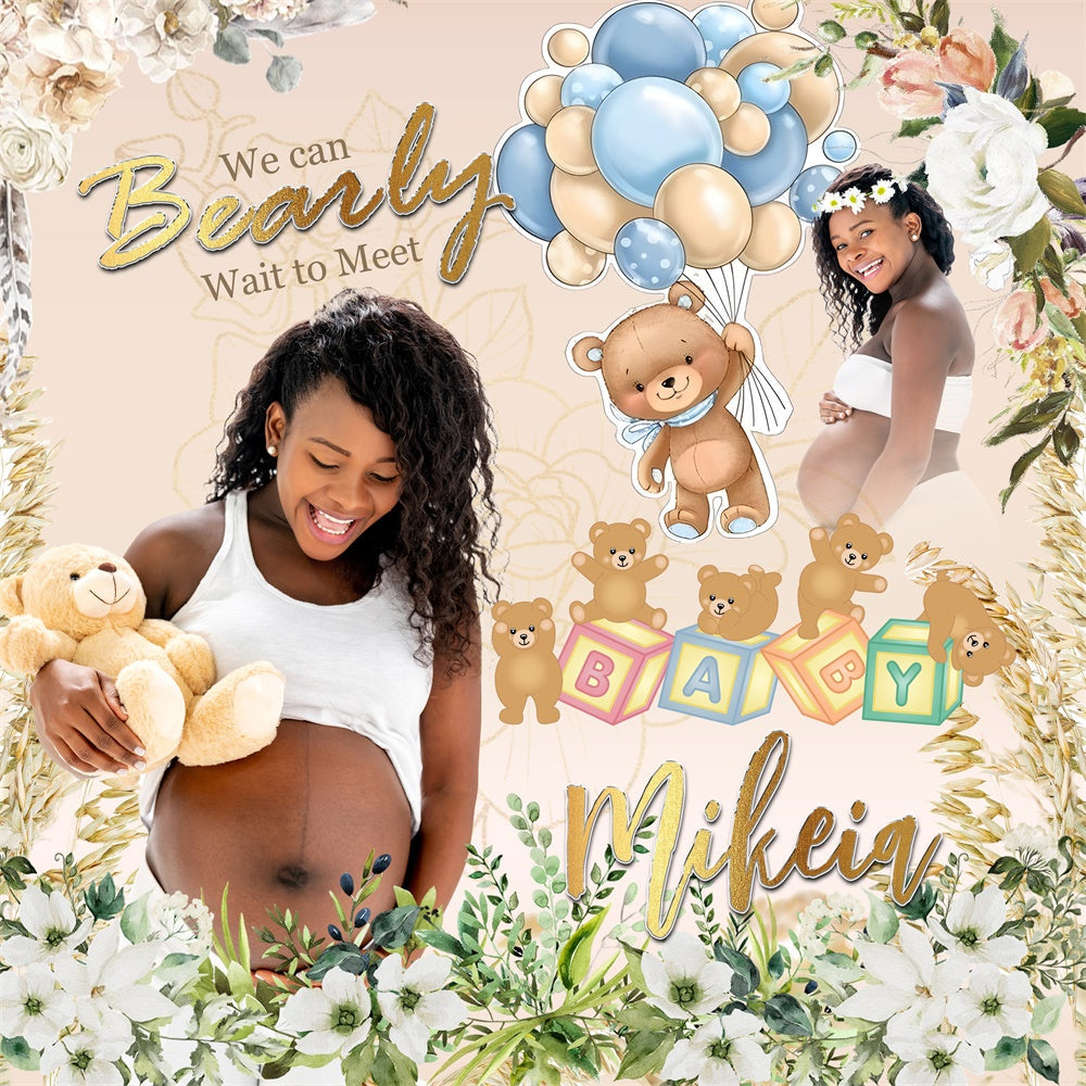 Toile de fond Baby Shower Personnalisable Ourson Floral et Joie MRR7-9
