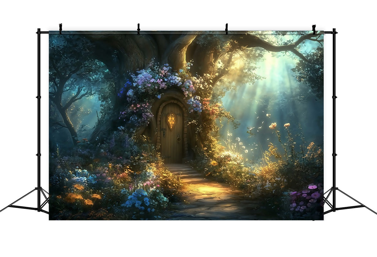Toile de fond Forêt Conte Chalet Arbre Fleuri MRR7-93