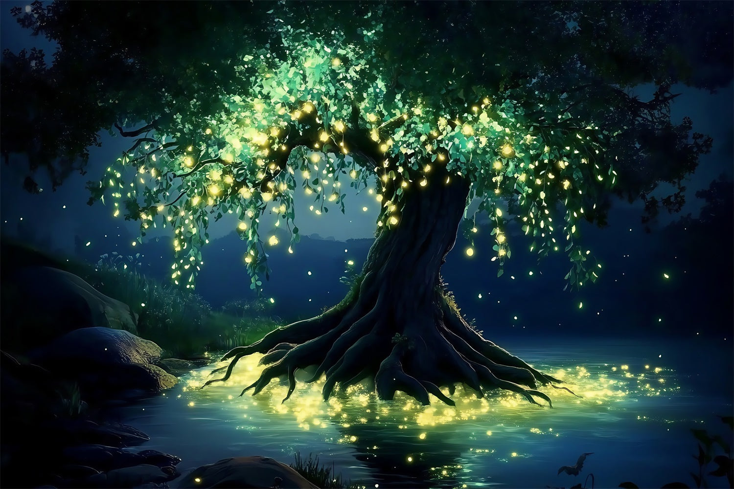 Toile de fond Forêt Magique Lac Sérénité Nuit MRR7-98