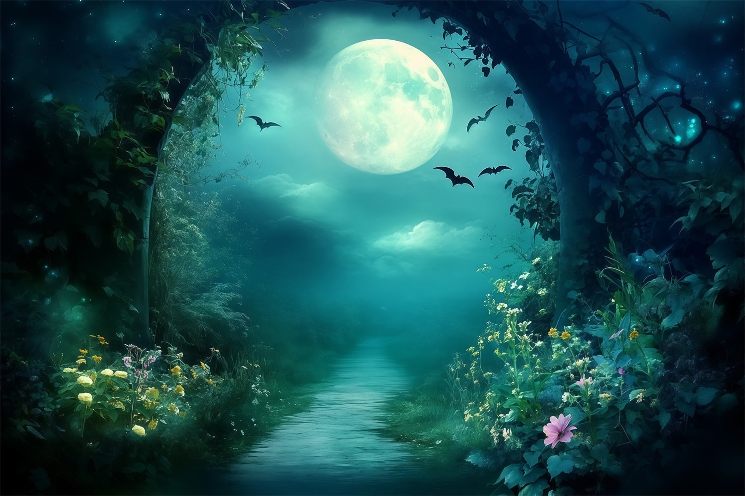 Toile de fond Photo Forêt Nuit Sentier Fleur Minuit MRR7-99