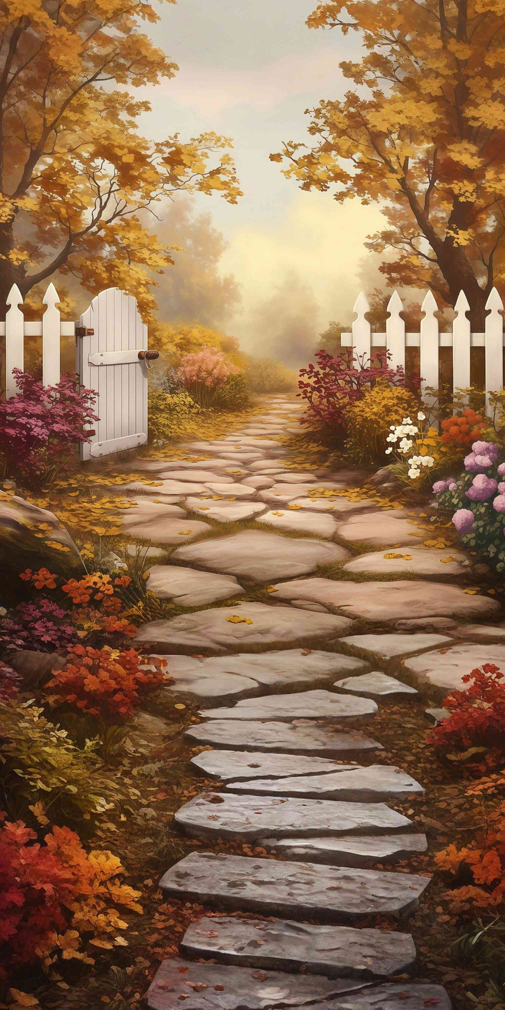 Toile de fond Sweep Automne Clôture Blanche Allée Jardin MRR8-100