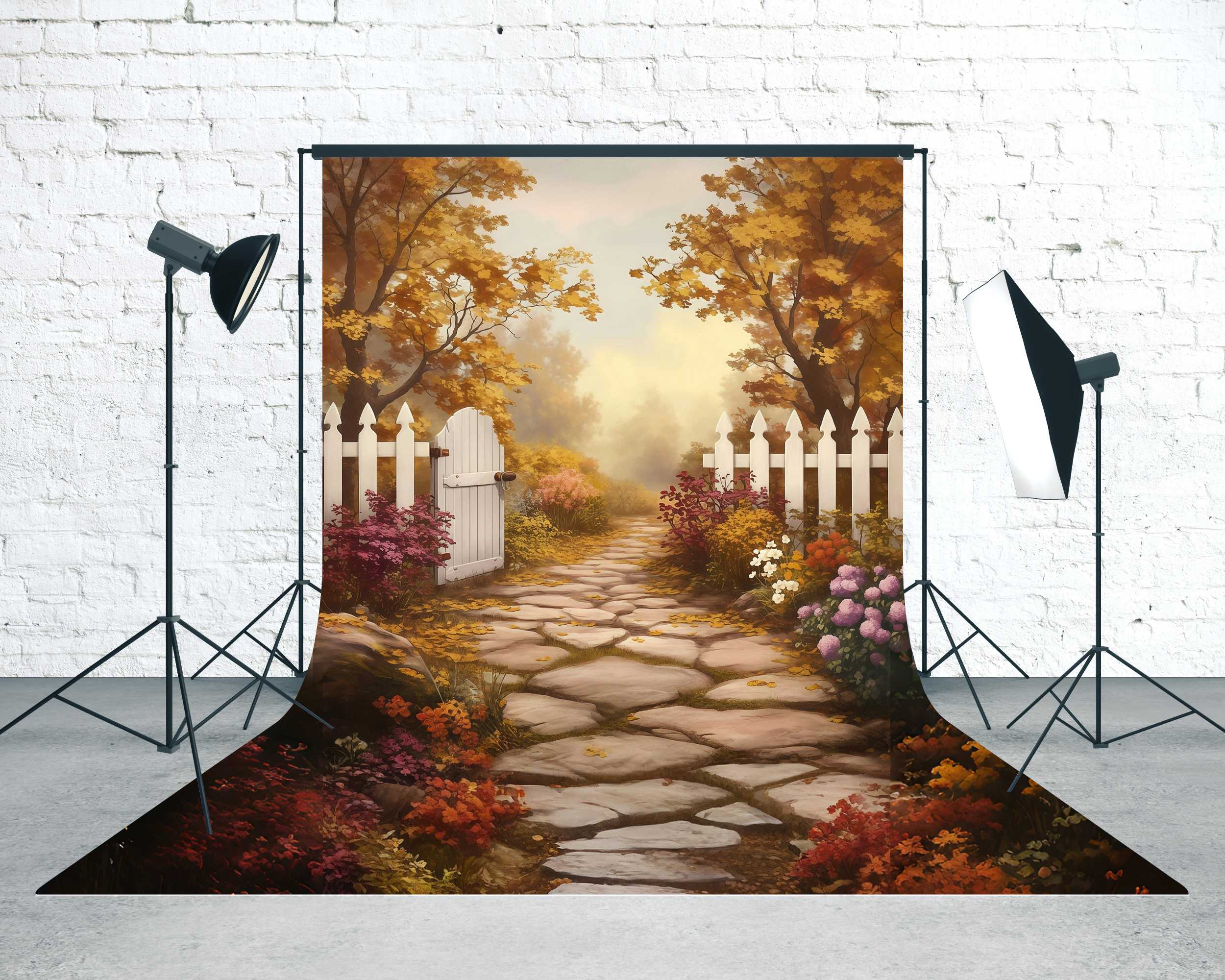 Toile de fond Sweep Automne Clôture Blanche Allée Jardin MRR8-100