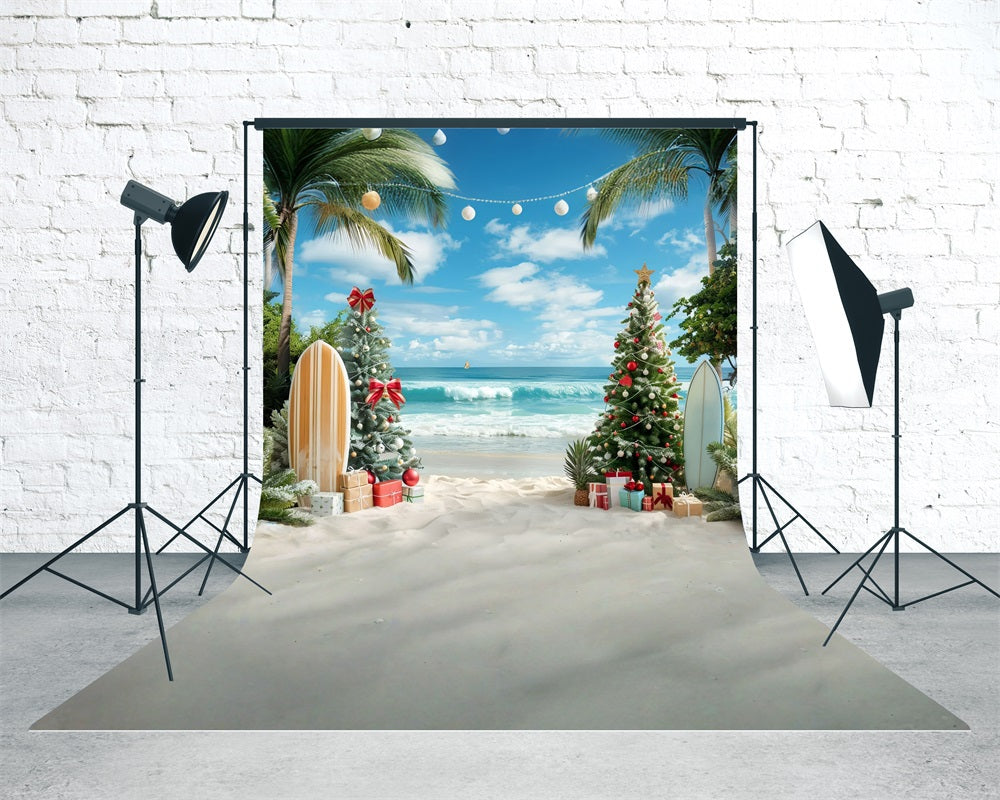 Toile de fond Noël Sapin de Noël Plage et Planches de Surf MRR8-102