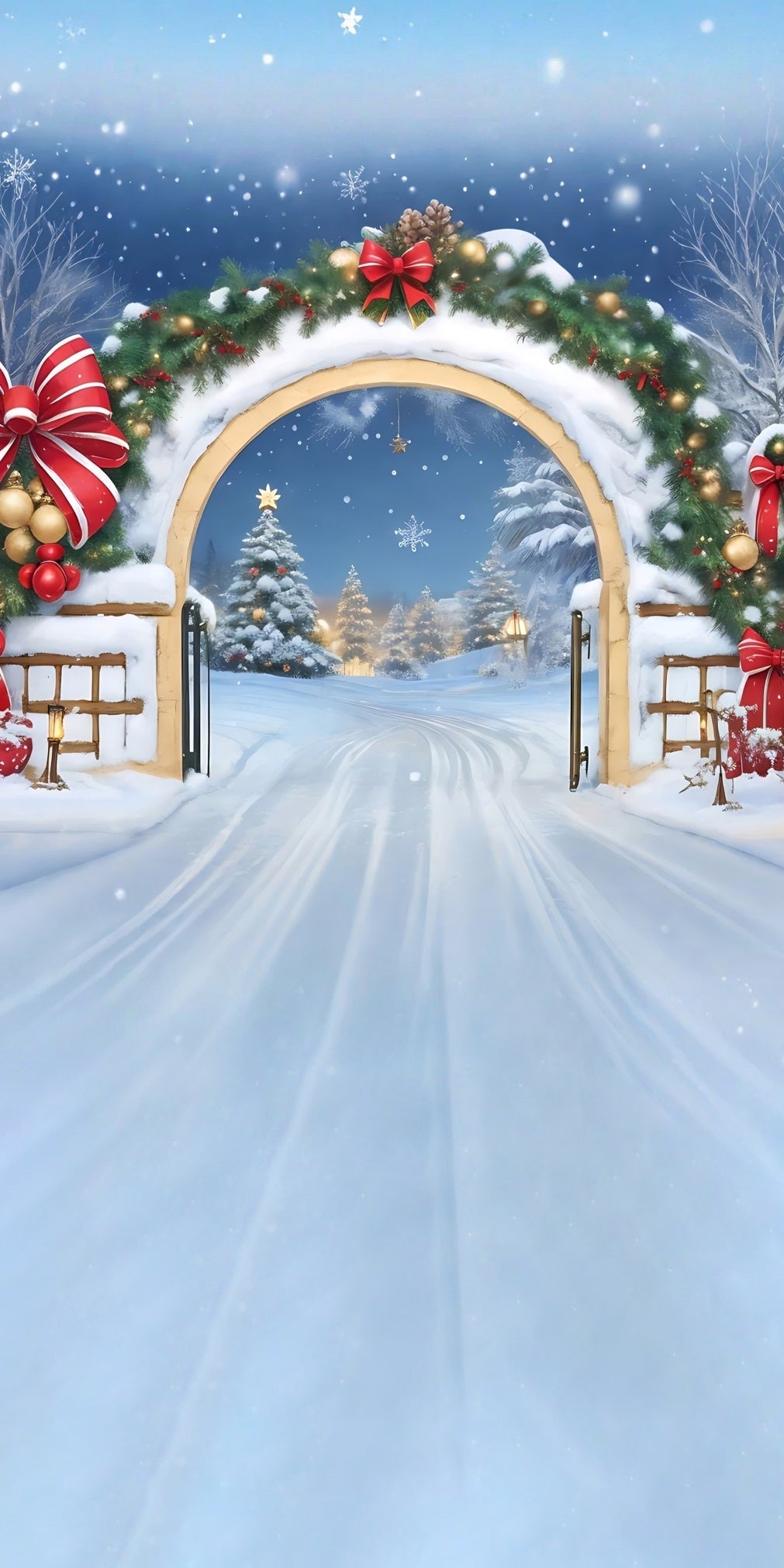 Toile de fond photo Noël Arche Nœud Rouge Neige Tombante MRR8-105