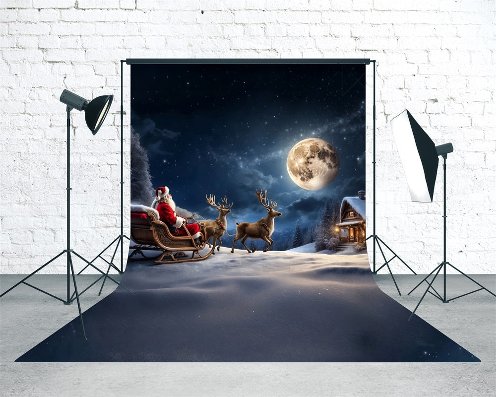 Toile de fond photo Noël Traîneau Rennes Père Noël Nuit au Clair de Lune MRR8-106