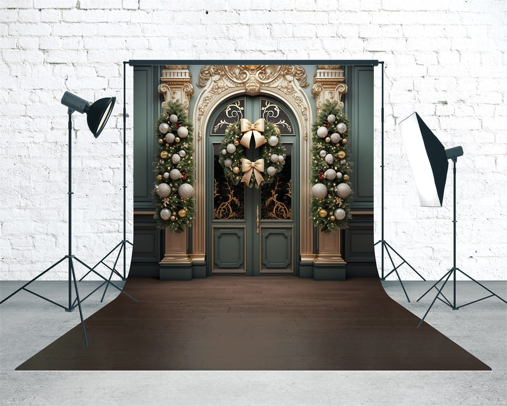 Toile de fond Noël Porte Dorée de Luxe avec Couronne et Nœud MRR8-107