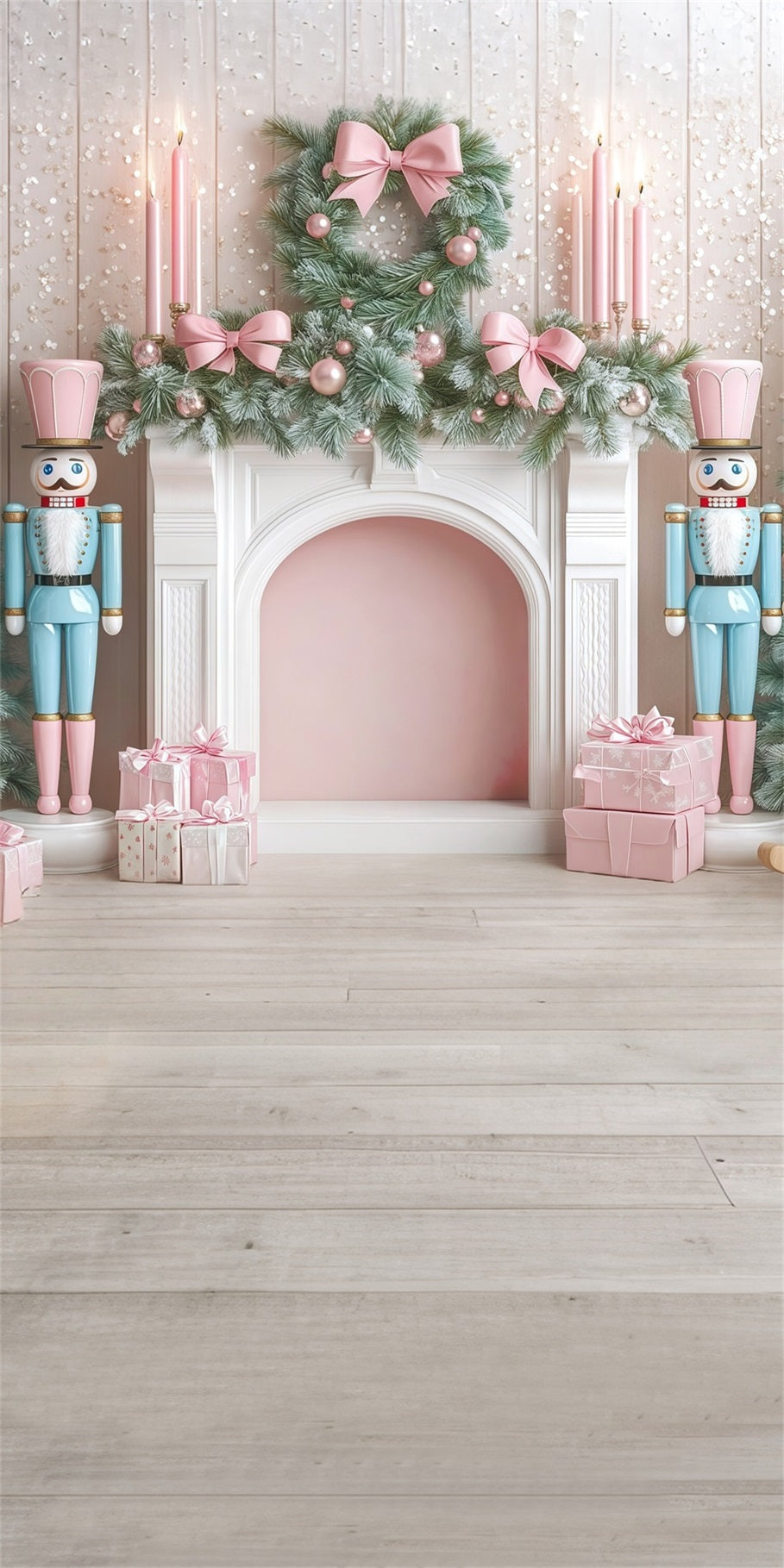 Toile de fond Noël Cheminée Casse-Noisette Bleu et Rose MRR8-109