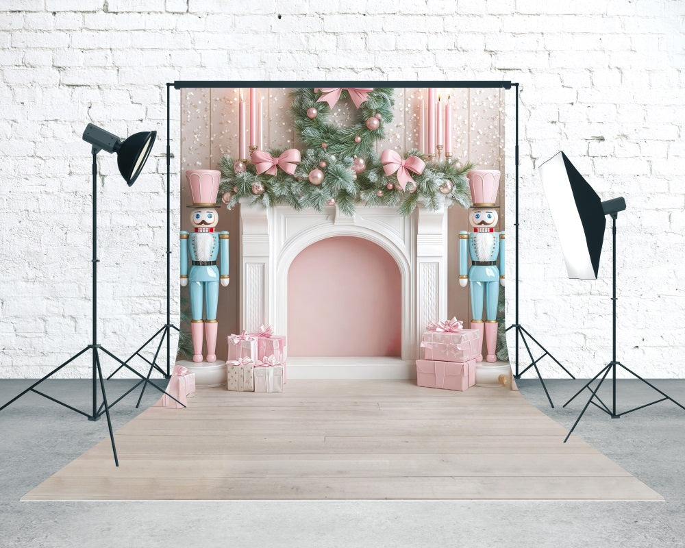 Toile de fond Noël Cheminée Casse-Noisette Bleu et Rose MRR8-109