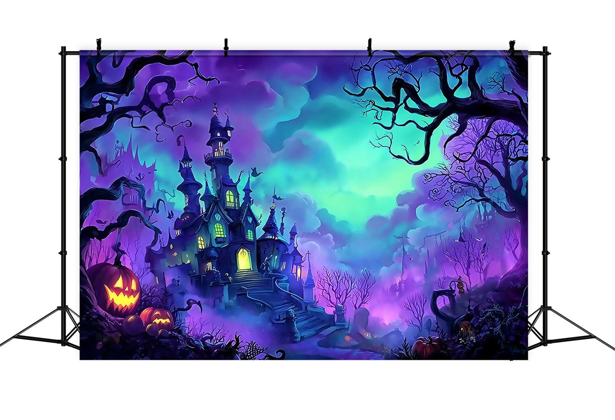 Toile de fond photo halloween Château Forêt Brume Citrouille MRR8-11